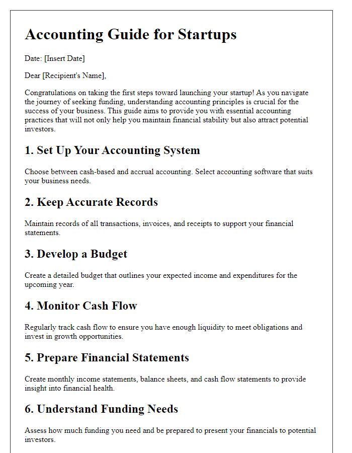 Letter template of small business accounting guide for startups seeking funding.