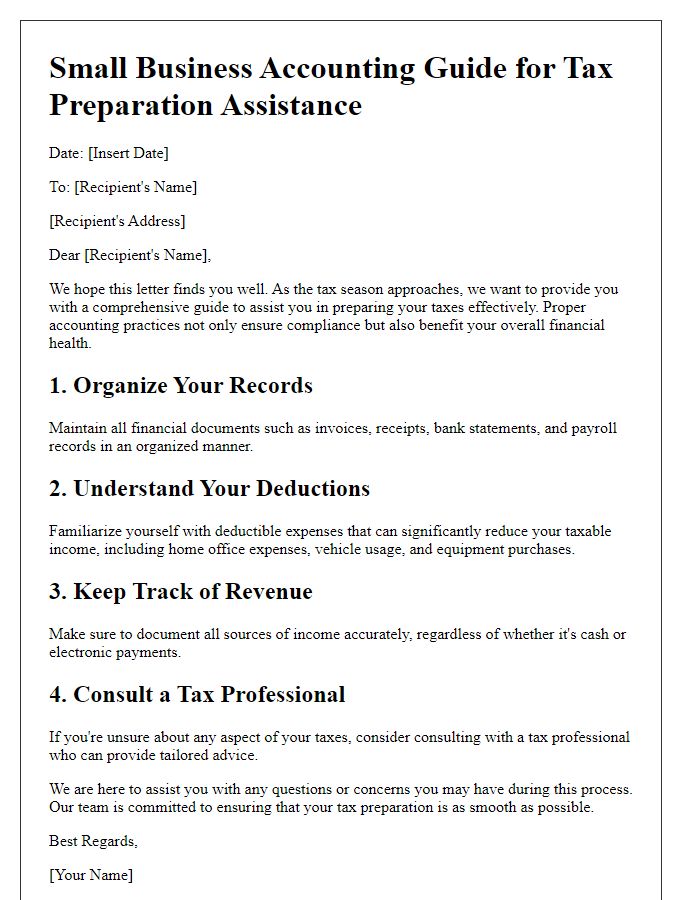 Letter template of small business accounting guide for tax preparation assistance.