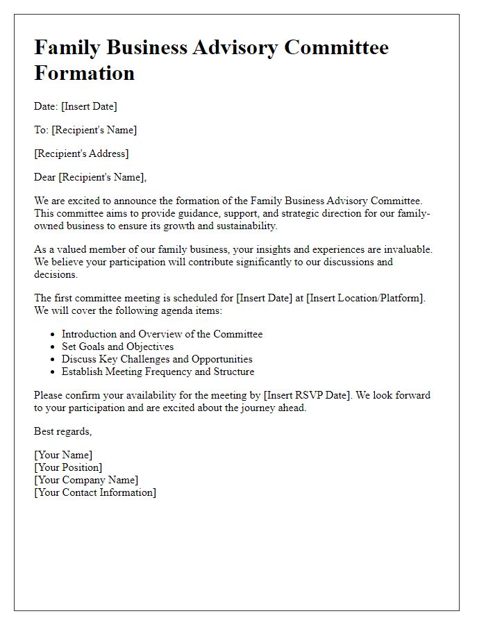 Letter template of family business advisory committee formation