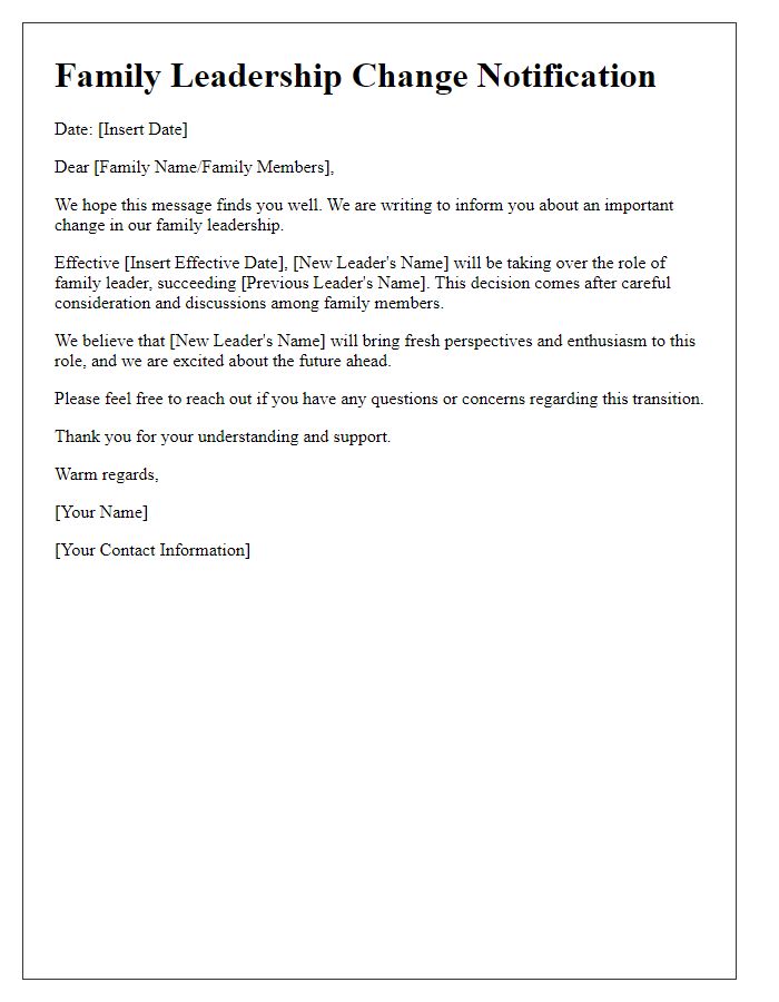 Letter template of family leadership change notification