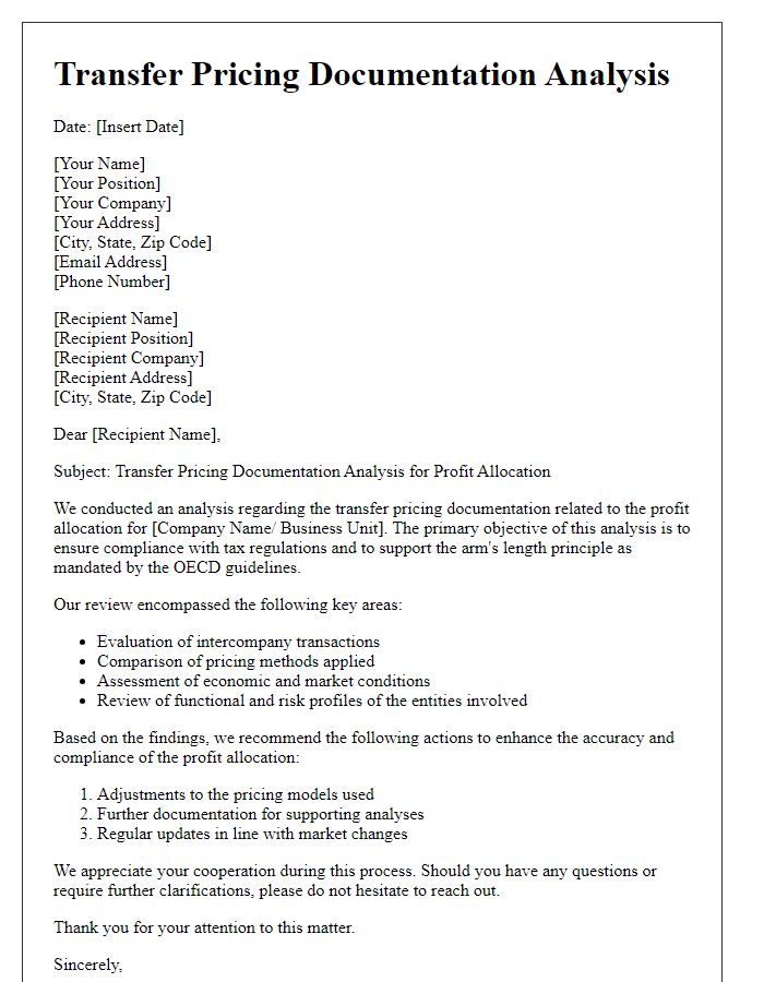 Letter template of transfer pricing documentation analysis for profit allocation.