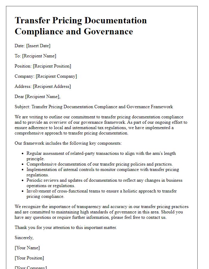 Letter template of transfer pricing documentation compliance and governance.