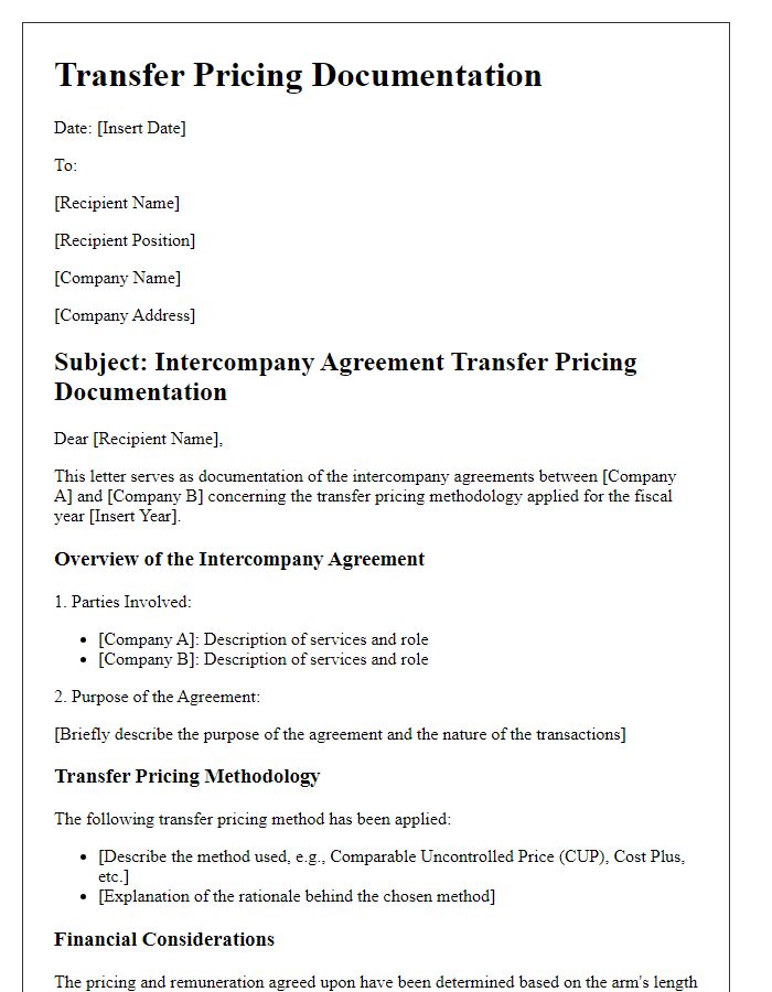 Letter template of transfer pricing documentation for intercompany agreements.