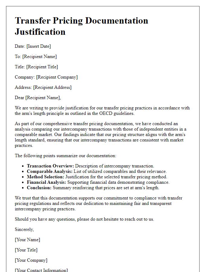 Letter template of transfer pricing documentation justification for arm's length pricing.