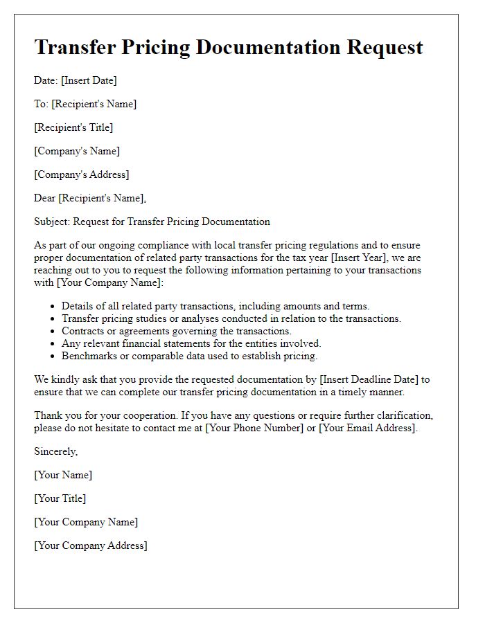 Letter template of transfer pricing documentation request for related party transactions.