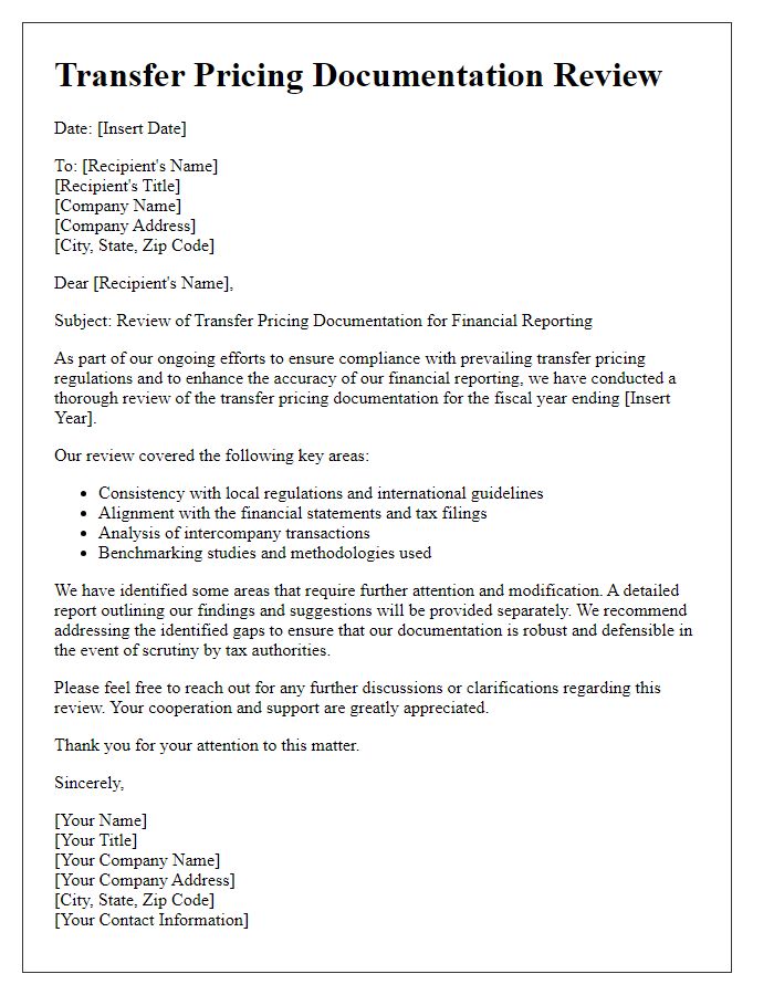 Letter template of transfer pricing documentation review for financial reporting.