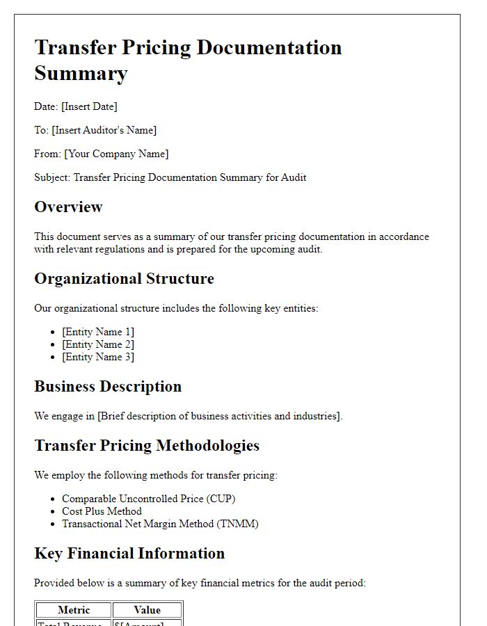 Letter template of transfer pricing documentation summary for audits.