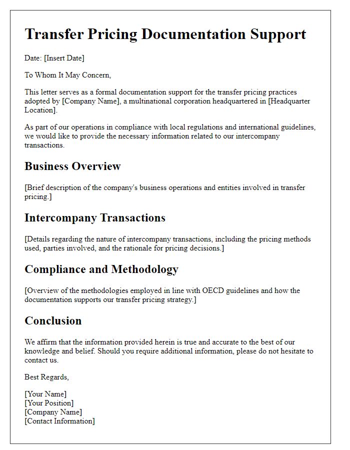 Letter template of transfer pricing documentation support for multinational operations.