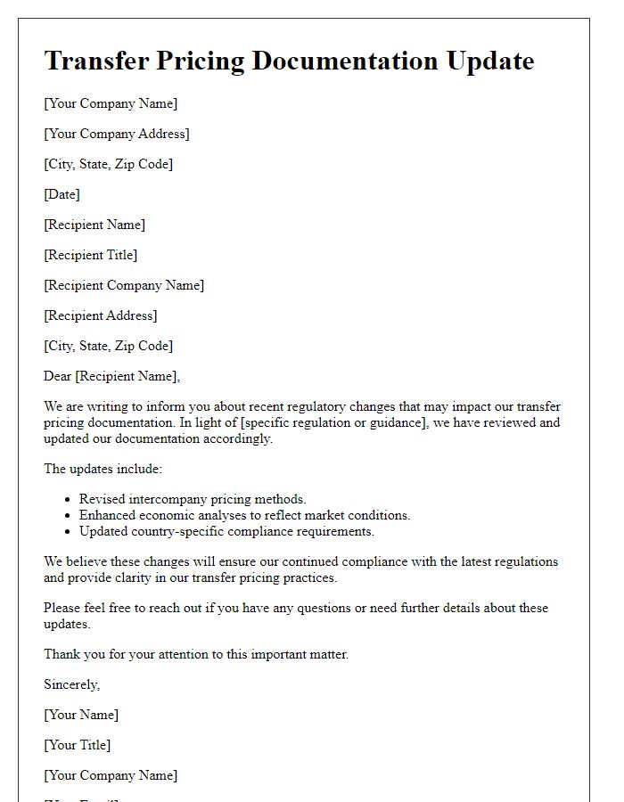 Letter template of transfer pricing documentation update for regulatory changes.