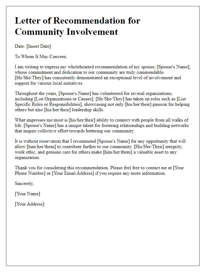 Letter template of spouse credibility recommendation for community involvement.