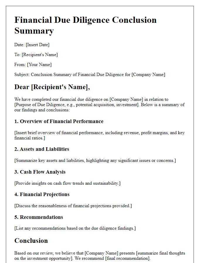 Letter template of financial due diligence conclusion summary