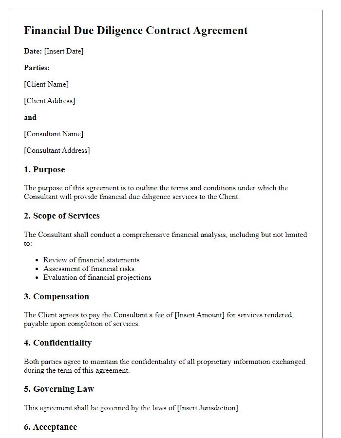 Letter template of financial due diligence contract agreement