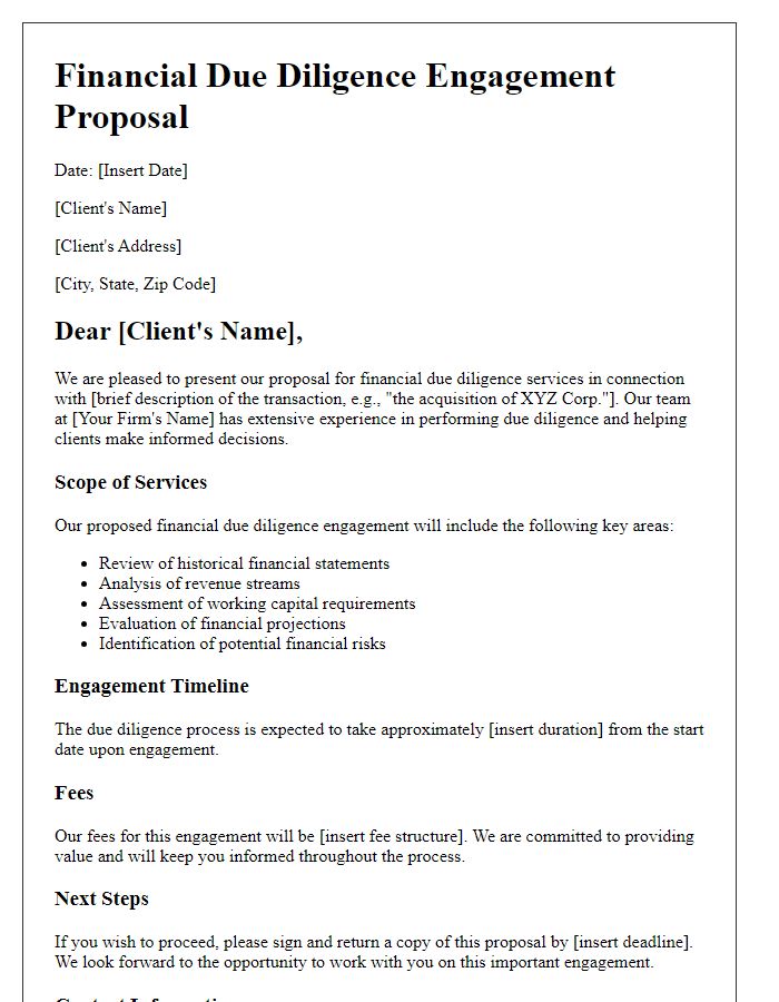 Letter template of financial due diligence engagement proposal