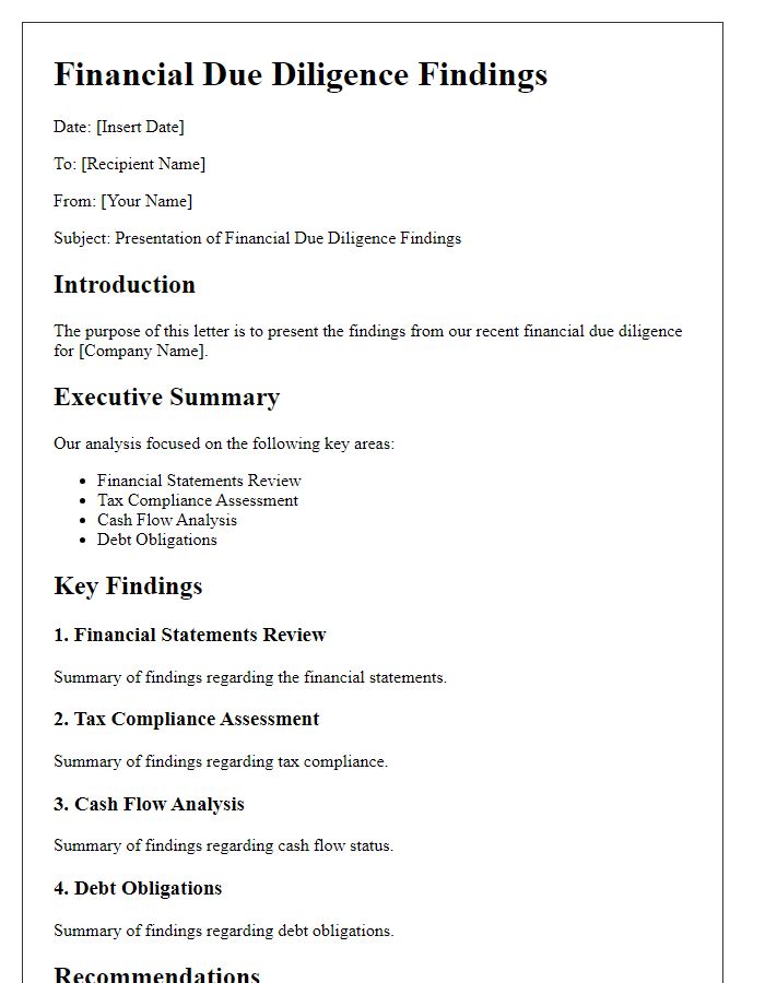 Letter template of financial due diligence findings presentation