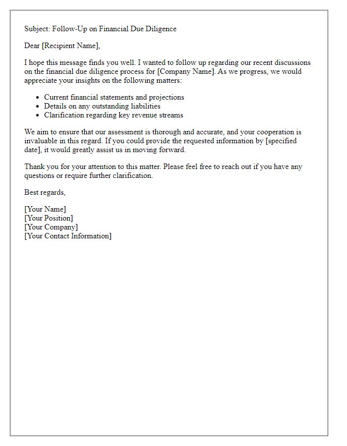 Letter template of financial due diligence follow-up communication