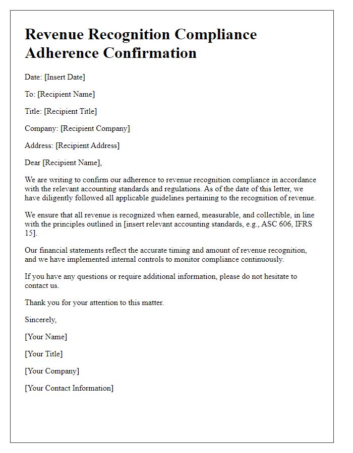 Letter template of revenue recognition compliance adherence confirmation