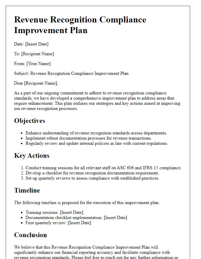 Letter template of revenue recognition compliance improvement plan