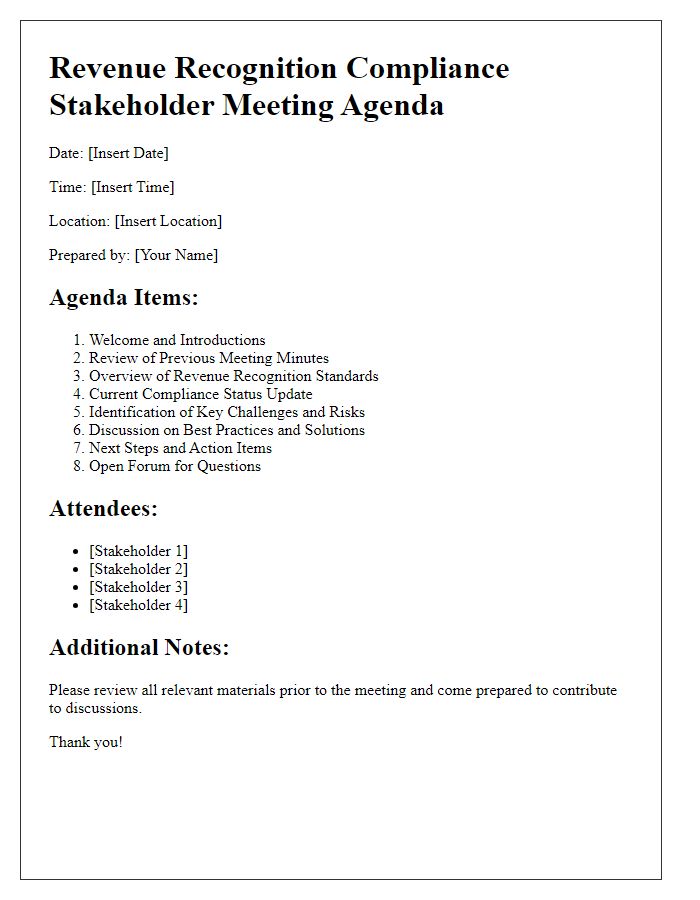 Letter template of revenue recognition compliance stakeholder meeting agenda