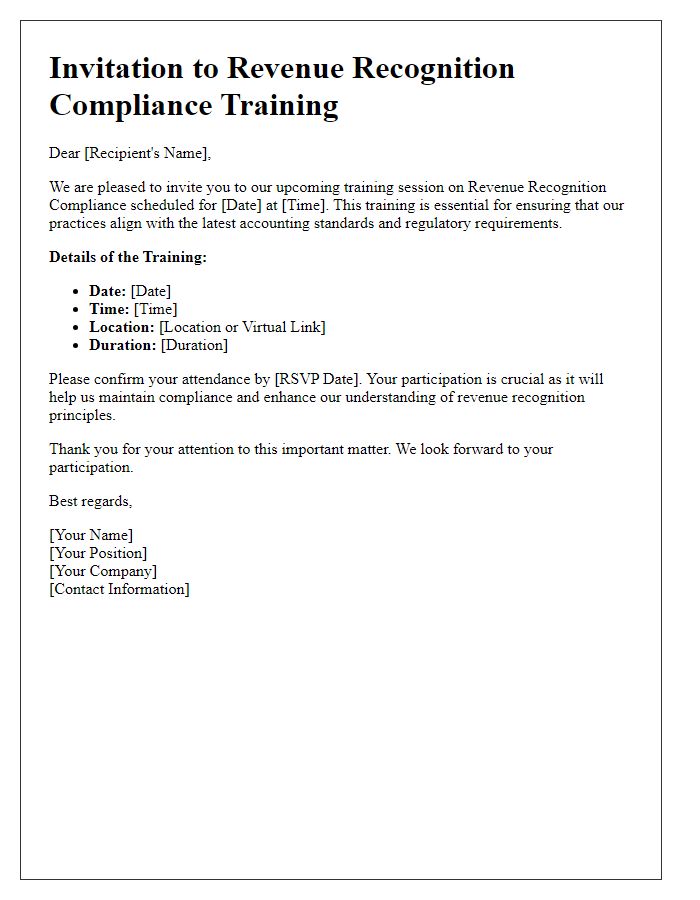 Letter template of revenue recognition compliance training invitation