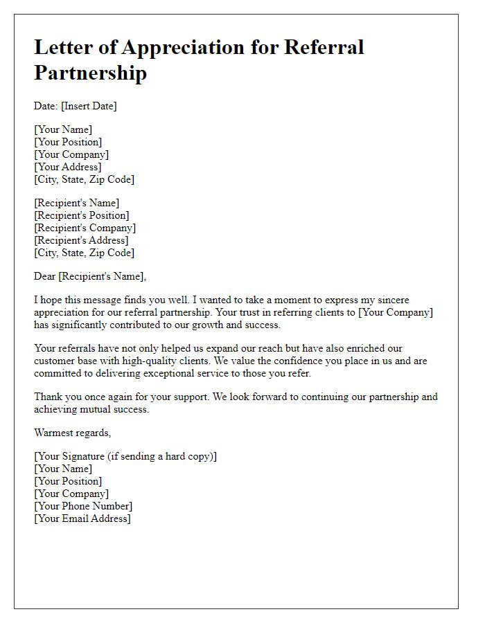 Letter template of appreciation for referral partnership