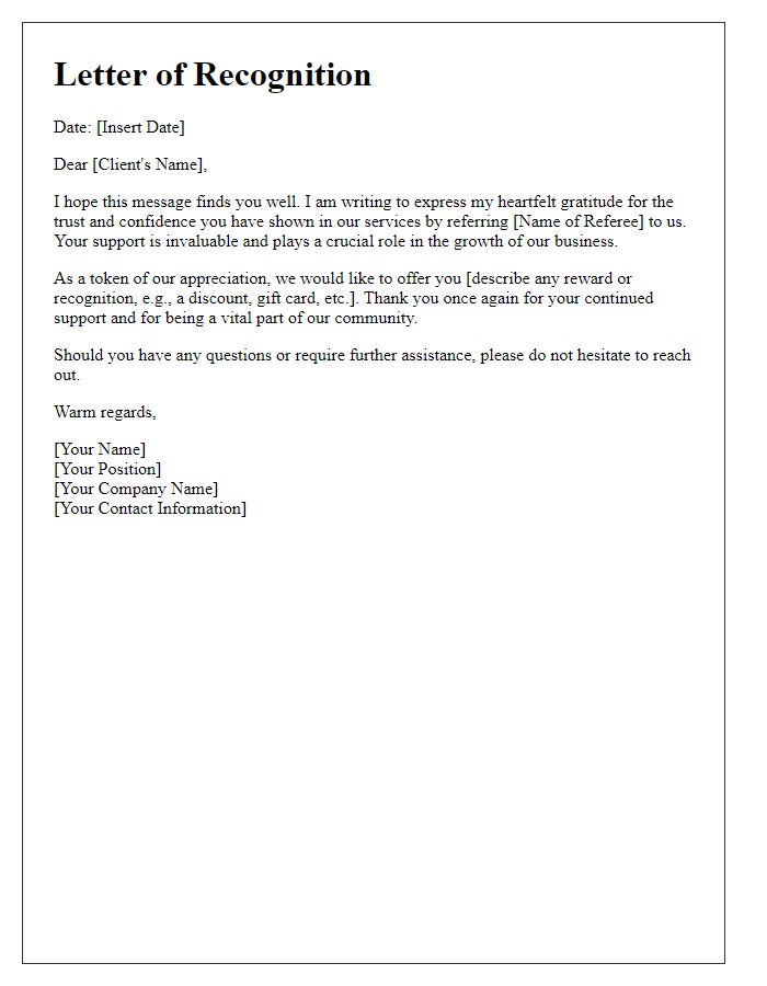 Letter template of recognition for client referral support