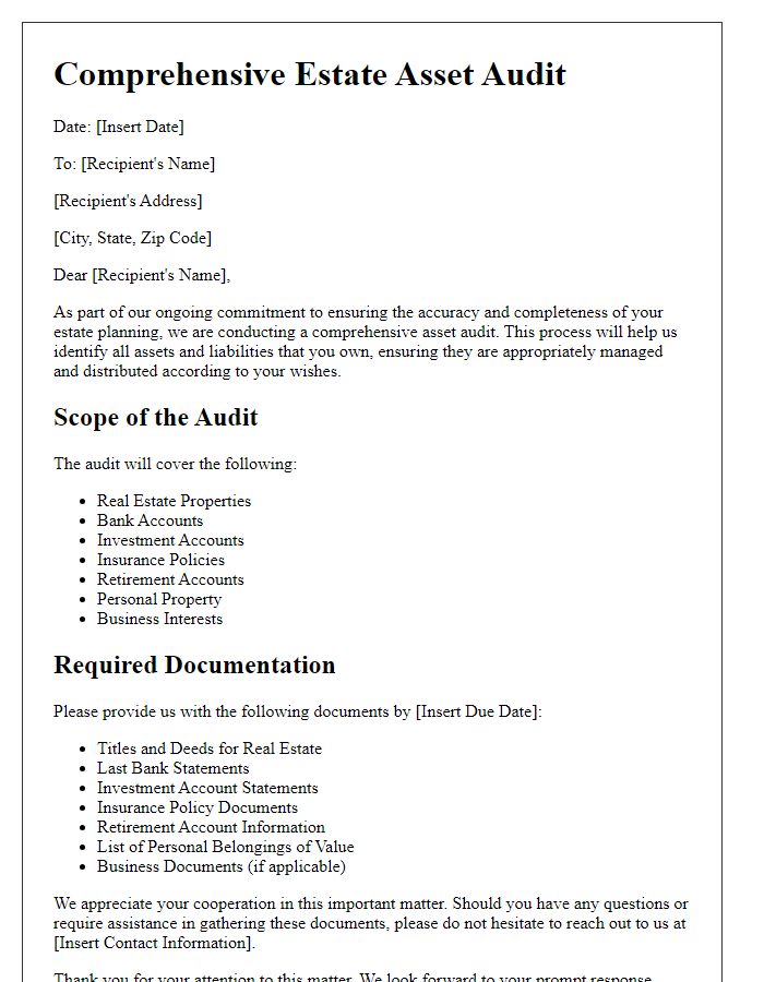 Letter template of comprehensive estate asset audit