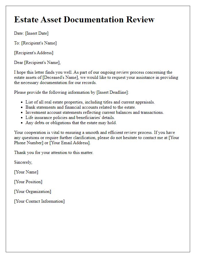 Letter template of estate asset documentation review