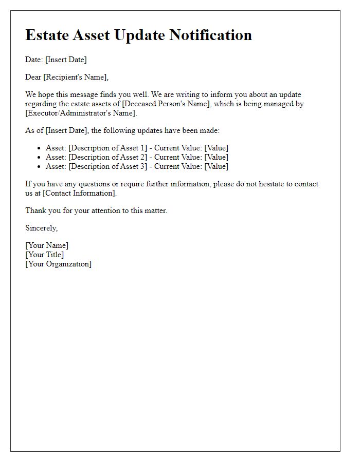 Letter template of estate asset update notification