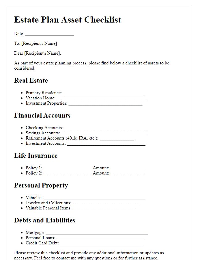 Letter template of estate plan asset checklist