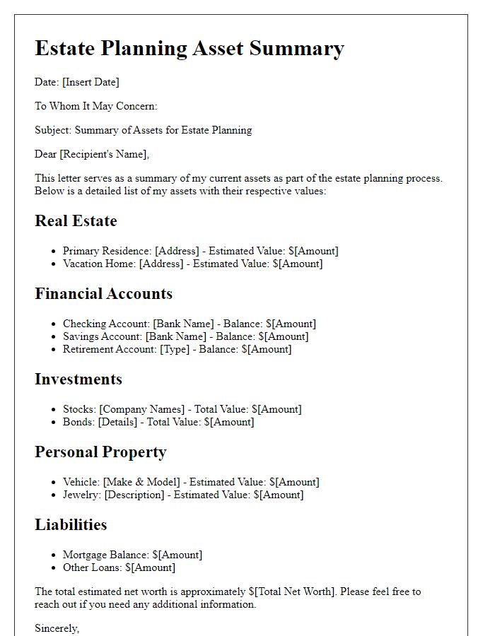 Letter template of estate planning asset summary