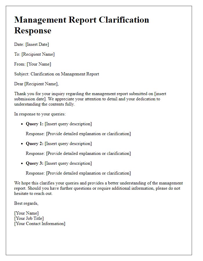 Letter template of management report clarification response