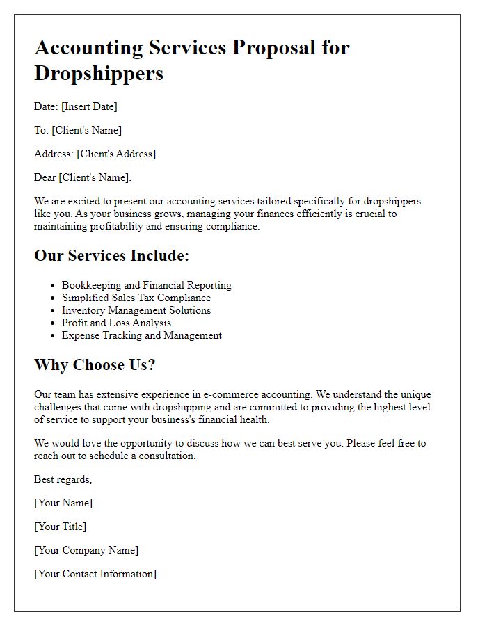 Letter template of e-commerce accounting services for dropshippers