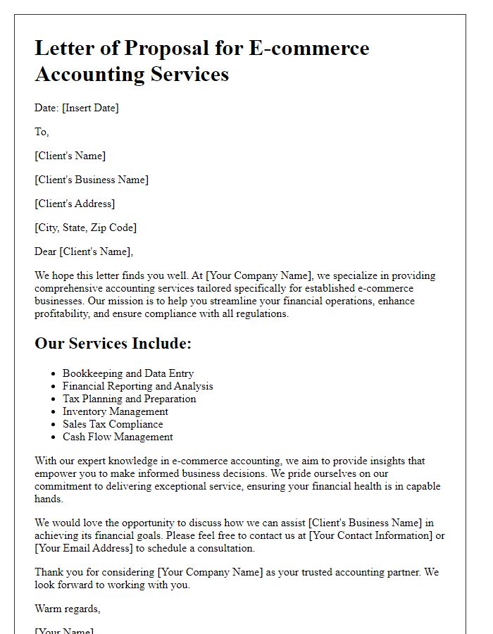 Letter template of e-commerce accounting services for established businesses