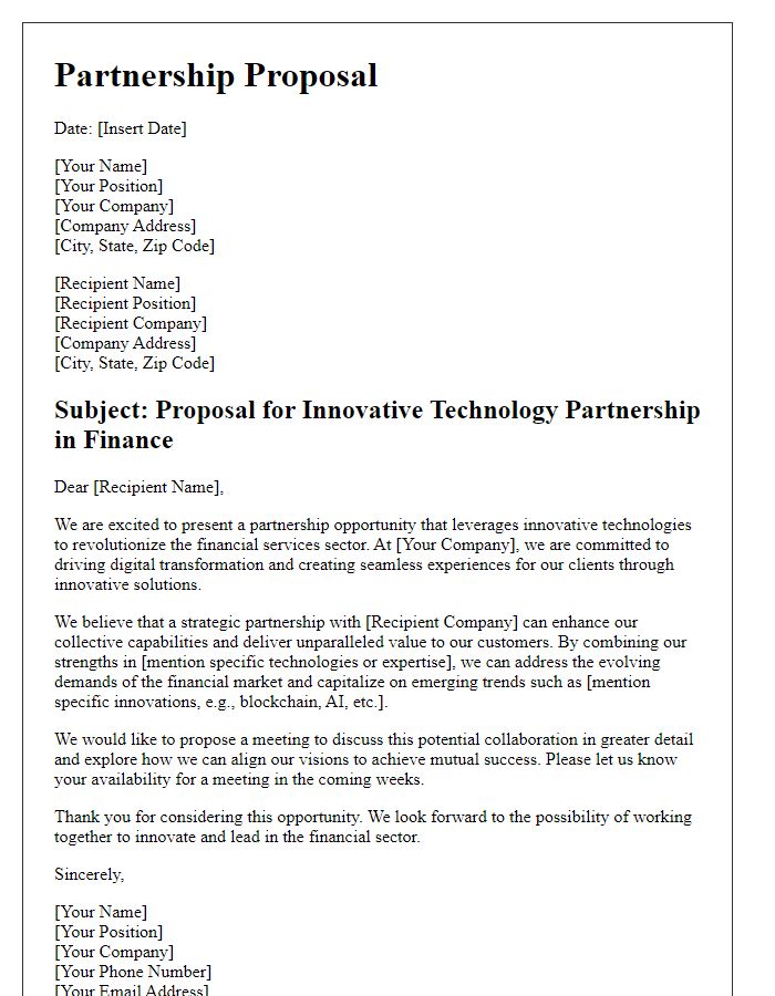 Letter template of innovative technology partnership in finance