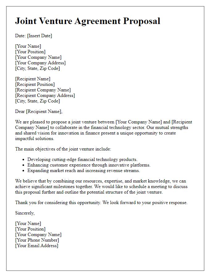 Letter template of joint venture in financial technology