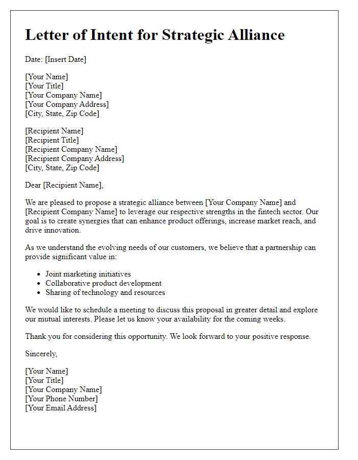 Letter template of strategic alliance in fintech