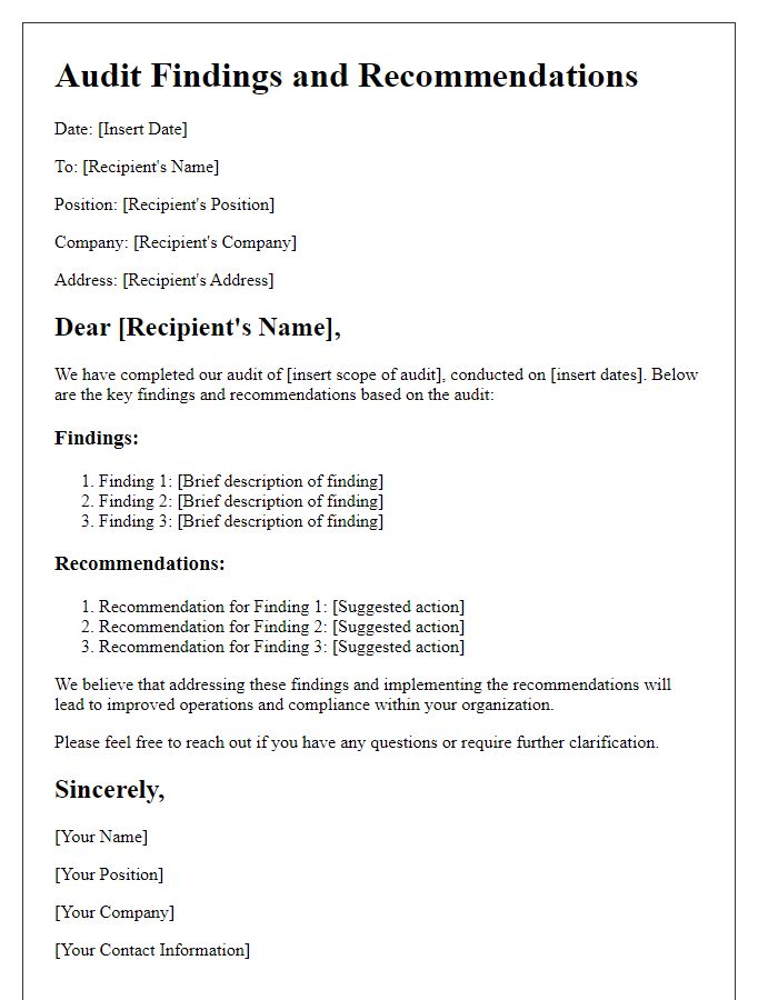 Letter template of audit findings and recommendations