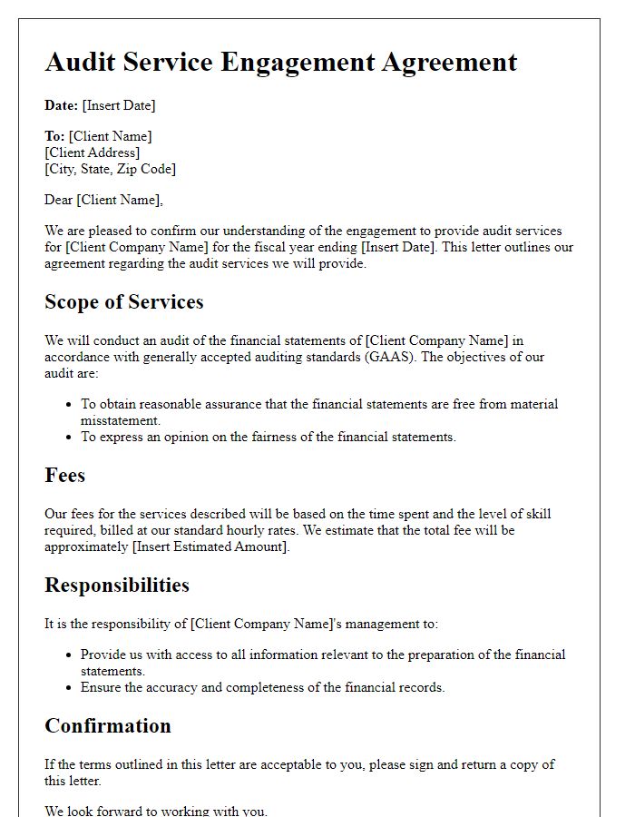 Letter template of audit service engagement agreement