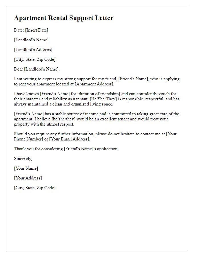 Letter template of a friend's apartment rental support letter