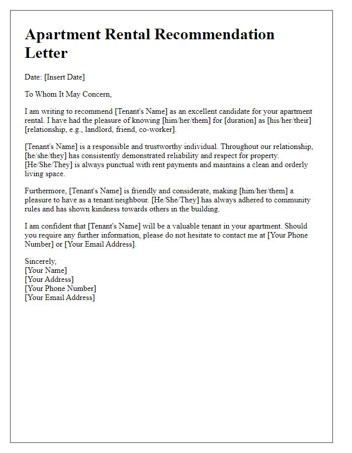 Letter template of a professional apartment rental recommendation