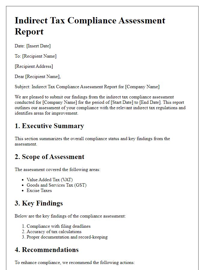 Letter template of indirect tax compliance assessment report.