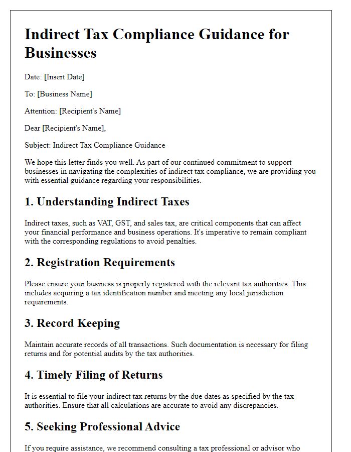 Letter template of indirect tax compliance guidance for businesses.