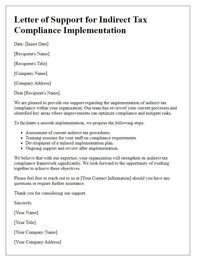 Letter template of indirect tax compliance implementation support.