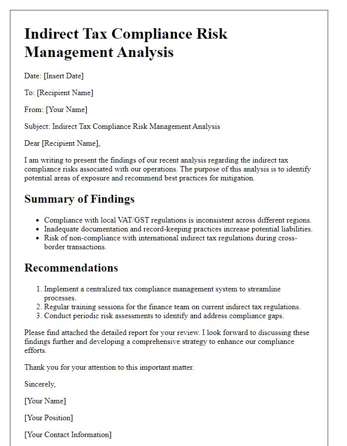 Letter template of indirect tax compliance risk management analysis.