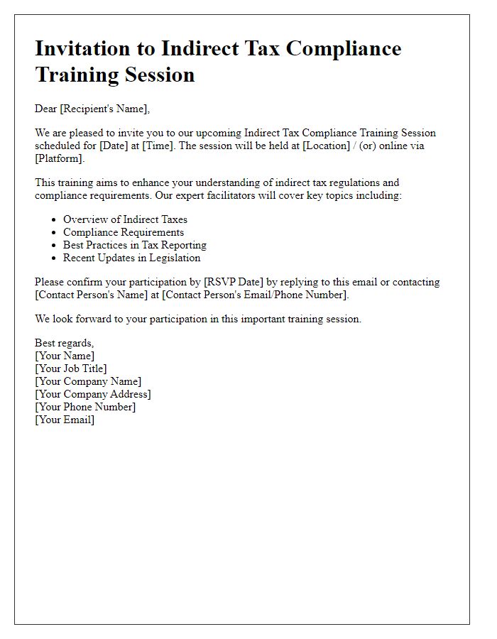 Letter template of indirect tax compliance training session invitation.