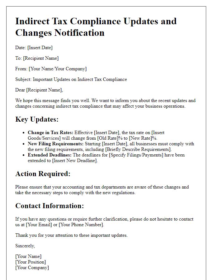 Letter template of indirect tax compliance updates and changes notification.