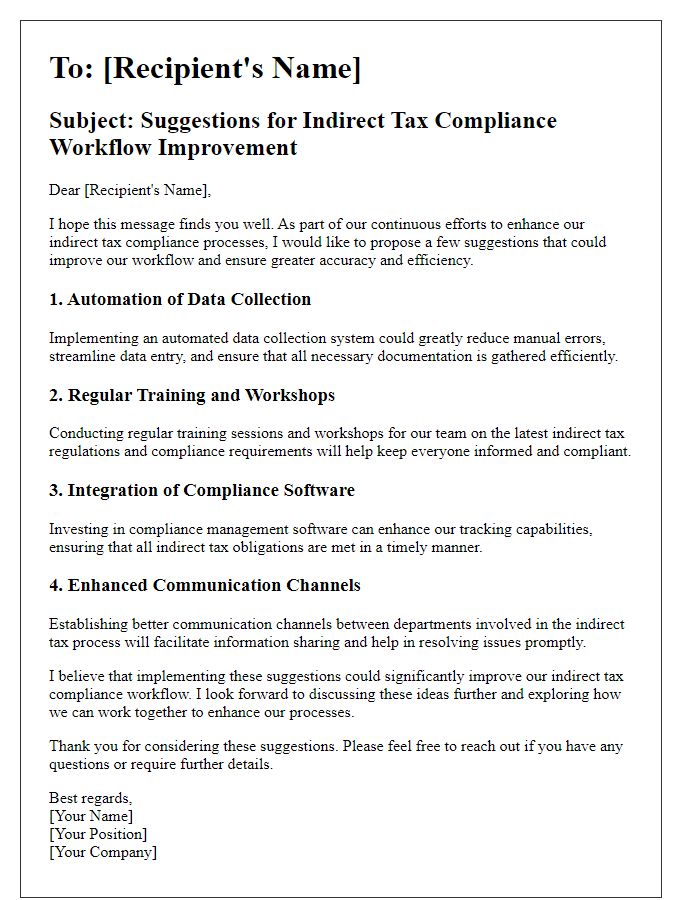 Letter template of indirect tax compliance workflow improvement suggestions.