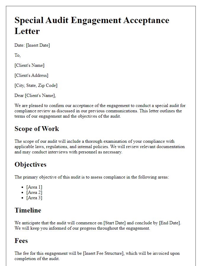 Letter template of special audit engagement acceptance for compliance review.