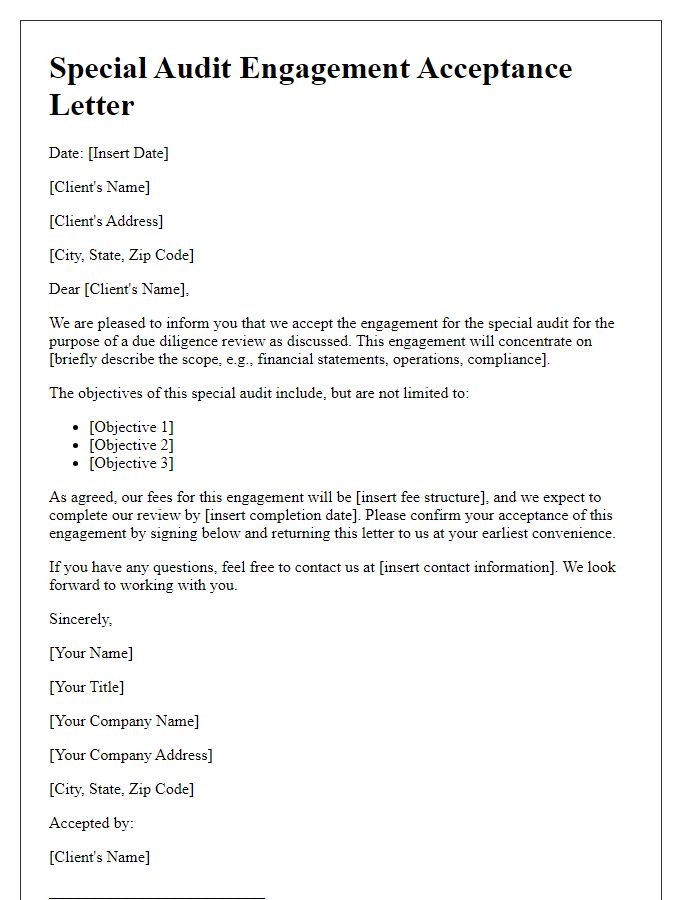 Letter template of special audit engagement acceptance for due diligence review.