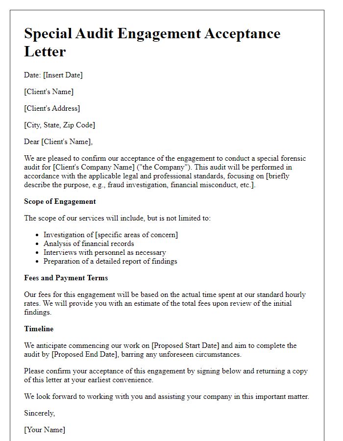 Letter template of special audit engagement acceptance for forensic audit.